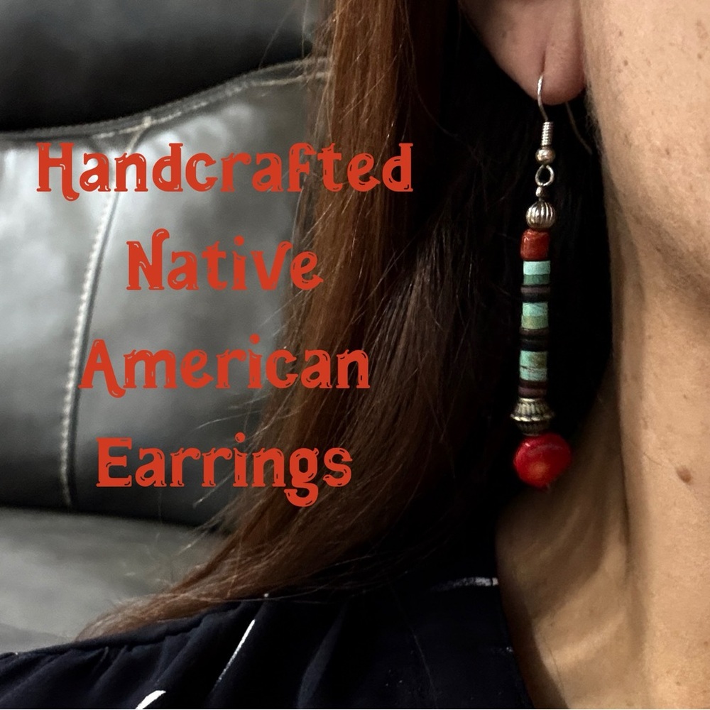 Native American earrings (dentalium, turquoise, and silver and coral beads)